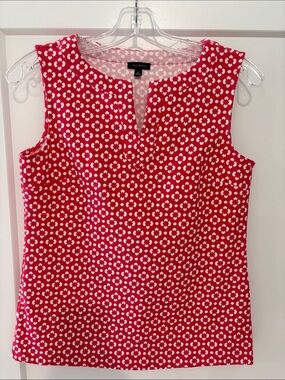Talbots Red and White Printed Sleeveless Notch-Neck Top
